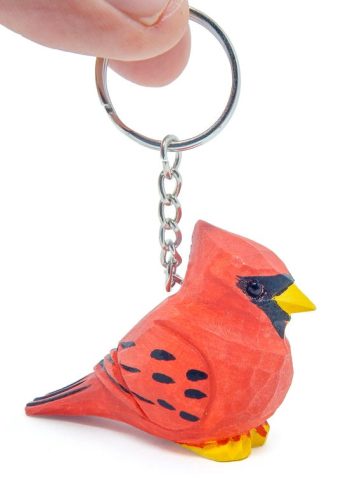 Cardinal Keychain Ring Clip Charm Red Bird Miniature Wood Mini Figurine Small Animal