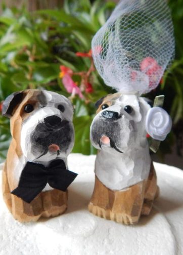 Bulldog Cake Topper Bride & Groom Love Wedding Engagement Anniversary Carved Wood Statue