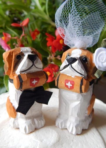 Bernard Dog Cake Topper Bride & Groom Love Wedding Engagement Anniversary Carved Wood Statue