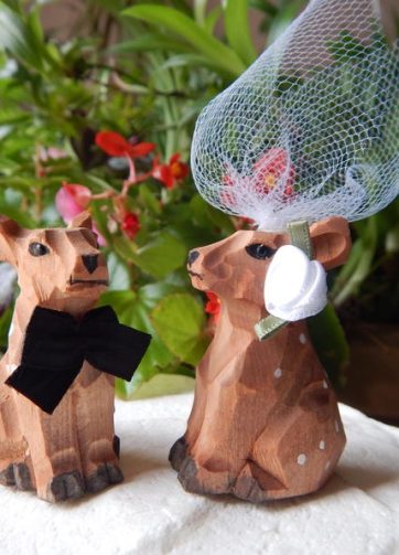 Spotted Deer Figurine Cake Topper Bride & Groom Wedding Engagement Anniversary Carved Wood Statue