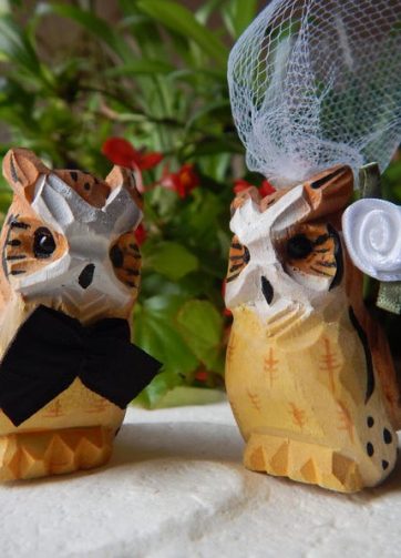 Horn Owl figurine Bird Cake Topper Bride & Groom Wedding Engagement Anniversary Carved Wood Statue