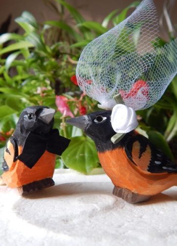 Oriole Bird Cake Topper Bride & Groom Love Wedding Engagement Anniversary Carved Wood Statue