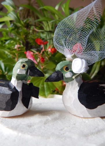 Golden eye Duck Cake Topper Bride & Groom Wedding Engagement Anniversary Carved Wood Statue