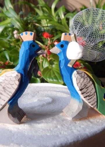 Peacock Love Bird Cake Topper Bride & Groom Wedding Engagement Anniversary Carved Wood Statue