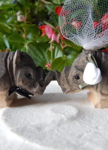 Rhino Figurine Cake Topper Bride & Groom Love Wedding Engagement Anniversary Carved Wood Statue
