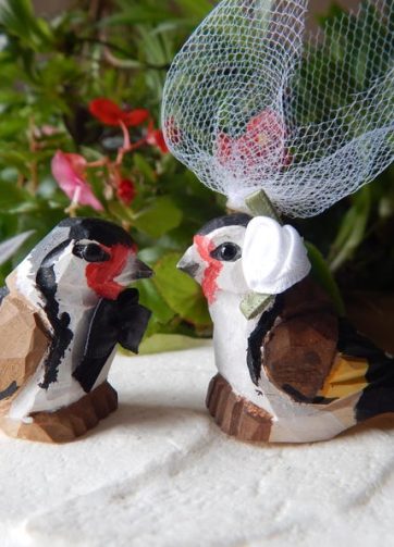 European Goldfinch Love Bird Cake Topper Bride & Groom Wedding Carved Wood