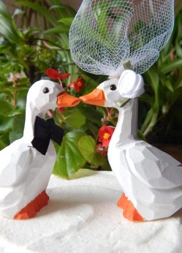 White Goose figurine Cake Topper Bride & Groom Love Wedding Engagement Anniversary Carved Wood Statue
