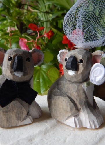 Koala Bear Cake Topper Bride & Groom Love Wedding Engagement Anniversary Carved Wood Statue