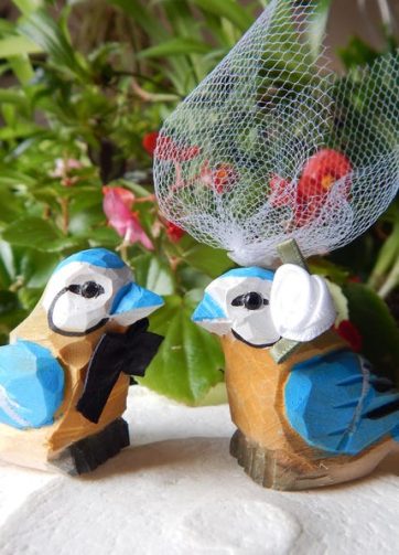 Blue Tit Bird Cake Topper Bride & Groom Love Wedding Engagement Anniversary Carved Wood Statue