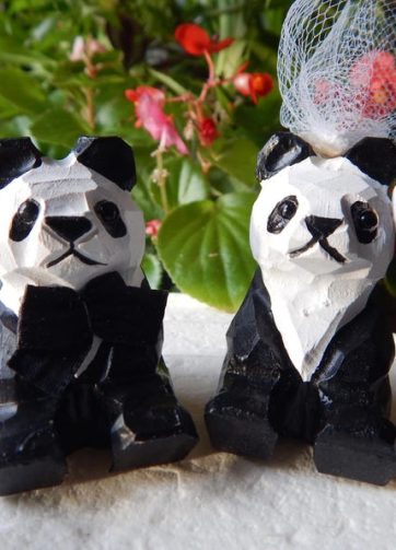 Panda Bear Cake Topper Bride & Groom Love Wedding Engagement Anniversary Carved Wood Statue