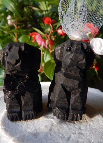 Black Labrador Retriever Dog Cake Topper Bride & Groom Love Wedding Engagement Anniversary Carved Wood Statue